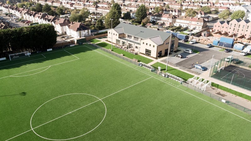 Aerial view of the Tithe Farm 3G pitch and clubhouse, home of Rayners Lane FC